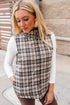 Brown Retro Plaid Print Snap Button Stand Neck Vest