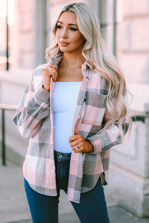Pink Gray Plaid Color Block Buttoned Long Sleeve Jacket with Pocket