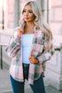 Pink Gray Plaid Color Block Buttoned Long Sleeve Jacket with Pocket
