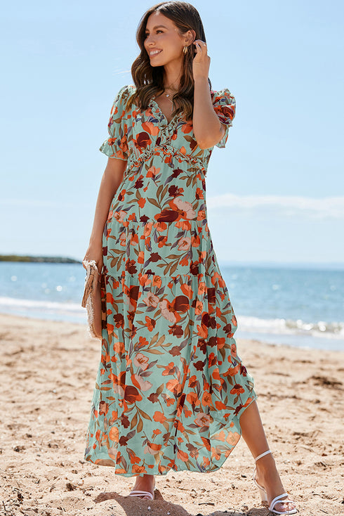 Green Fiery Floral Print Frilled V Neck Short Sleeve Maxi Dress