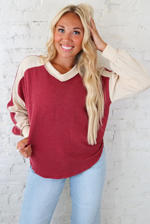 Racing Red Twisted Ribbed Color Block Patchwork Long Sleeve Top