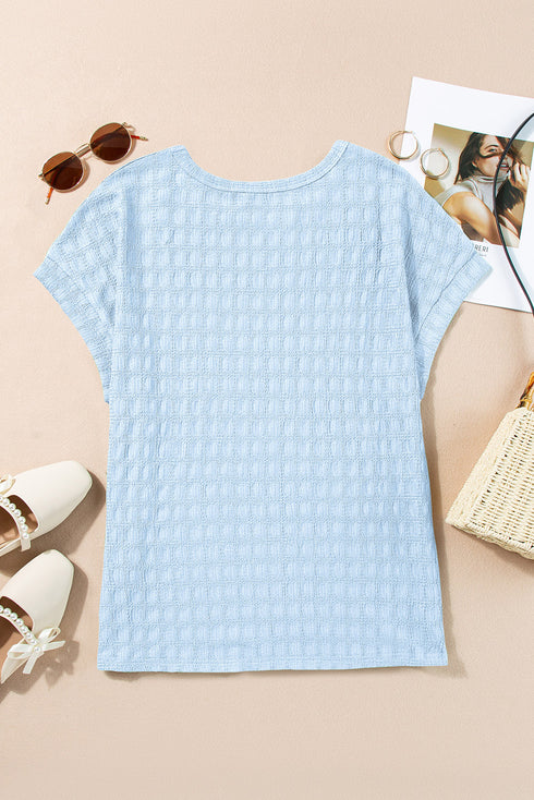 Sky Blue Solid Color Textured Batwing Sleeve Tee