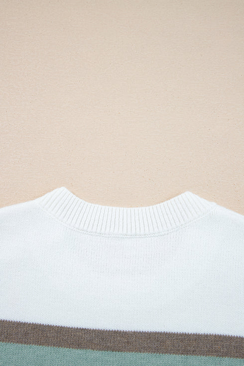 White Striped Color Block Knit Drop Shoulder Sweater