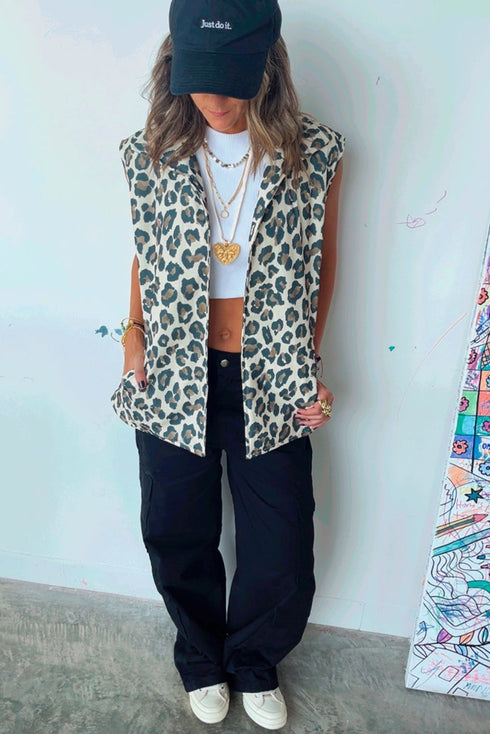Brown Leopard Open Front Jacket Vest