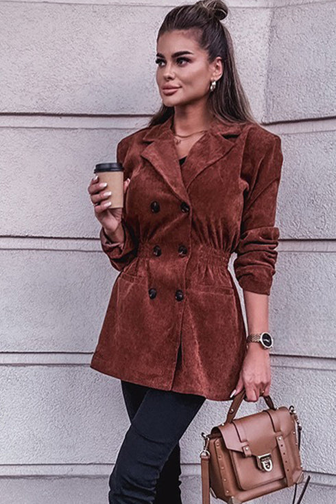 Coffee Corduroy Double Breasted Smocked Waist Blazer