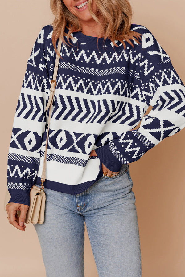 Navy Blue Abstract Print Pullover Sweater