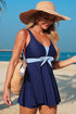 Navy Blue Color Block Patchwork Bow Knot Detail Sleeveless Swim Dress
