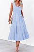 Sky Blue Shirred Pleated Square Neck Sleeveless Midi Dress