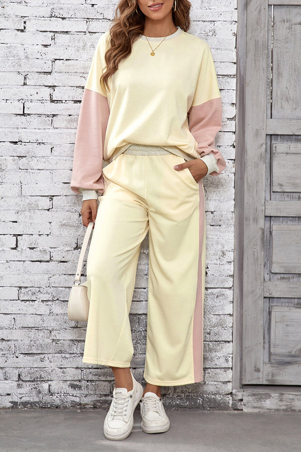 Apricot 2pcs Color Block Pullover Loose Pant Set