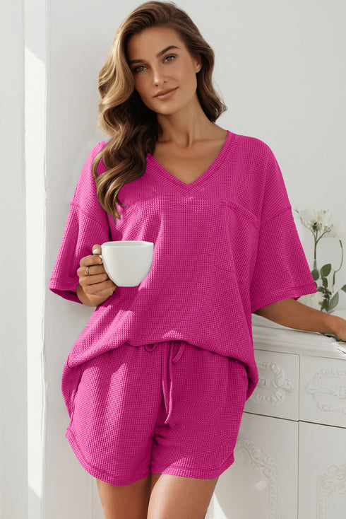 Rose Red Solid Color Waffled V Neck Loose Tee Drawstring Shorts Set