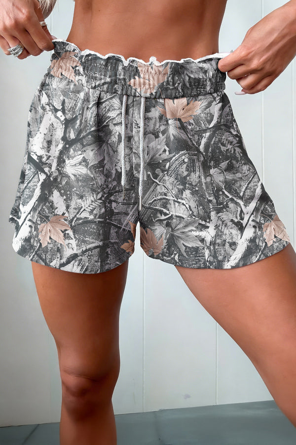 Gray Abstract Maple Leaf Printed Tie Elastic Waist Shorts