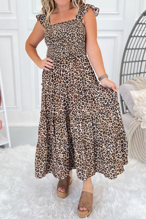Brown Ruffled Straps Smocked Tiered Leopard Maxi Dress