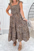 Brown Ruffled Straps Smocked Tiered Leopard Maxi Dress
