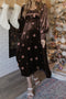Brown Velvet Embroidered Floral Smocked Sleeve High Waist Midi Dress