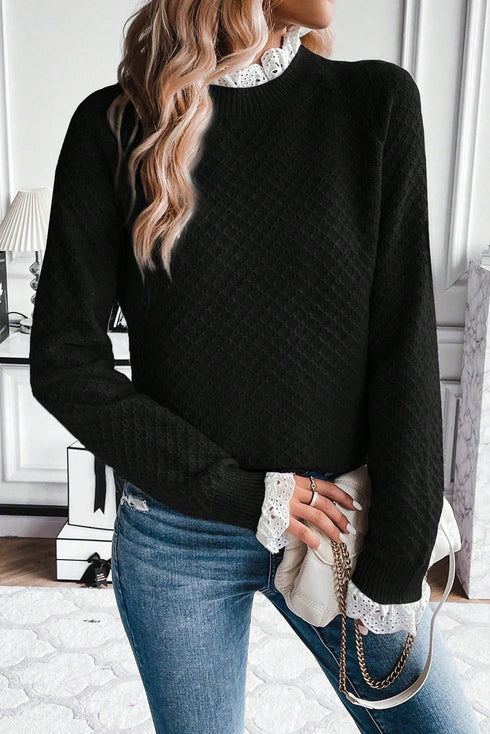 Black Contrast Lace Frilled Trim Raglan Sleeve Sweater