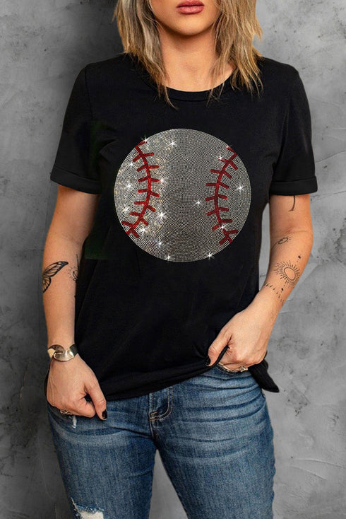black-rhinestone-baseball-pattern-round-neck-t-shirt