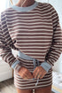 Brown Stripe Contrast Webbing Patchwork Cropped Long Sleeve Top Drawstring Mini Skirt Set