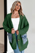 Blackish Green Open Front Knitted Denim Pocket Patchwork Cardigan