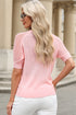 Apricot Pink Solid Color Knit Contrast Hollowed Short Sleeve V Neck Sweater