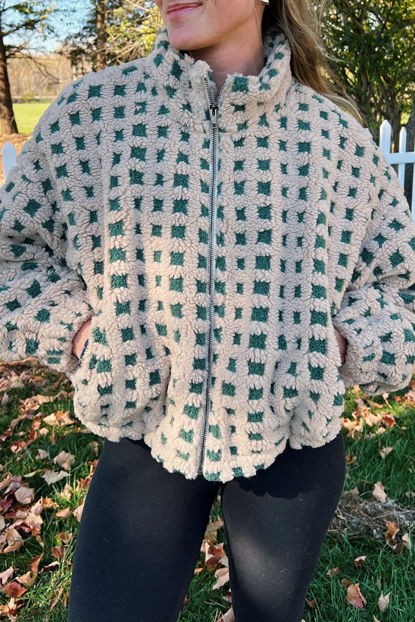 Green Plush Plaid Zip Up Cozy Winter Coat