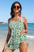 Green Floral Print Ricrac Trim Spaghetti Strap One Piece Swim Dress