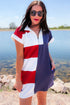 Navy Blue Americana Colorblock Stripes Zip up Collared T Shirt Mini Dress