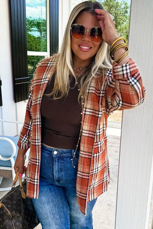 Orange Raw Edge Plaid Open Front Shacket