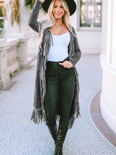 black-fringed-hem-pocketed-open-cardigan