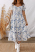 Sky Blue Smocked Bodice Short Puff Sleeve Tiered Floral Midi Dress