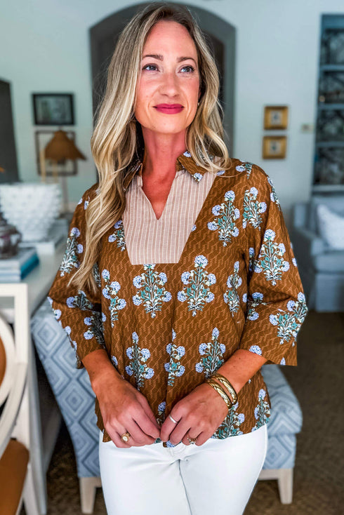 Brown Floral Print 3/4 Sleeve Contrast V Neck Patchwork Blouse