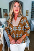 Brown Floral Print 3/4 Sleeve Contrast V Neck Patchwork Blouse
