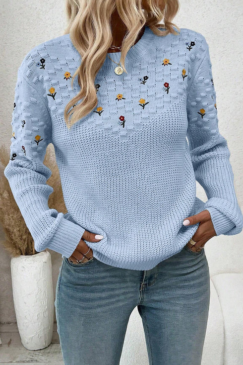 Beau Blue Mixed Texture Knit Flower Embroidered Detail Casual Sweater