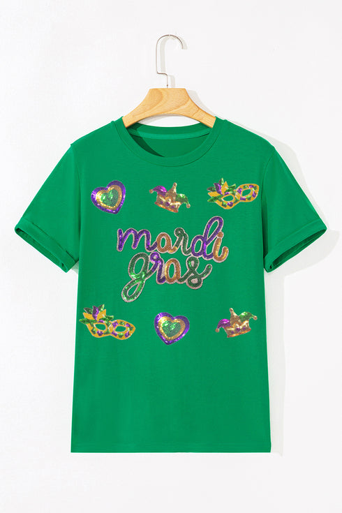 Bright Green Mardi Gras Sequin Holiday Patterned Festive T Shirt