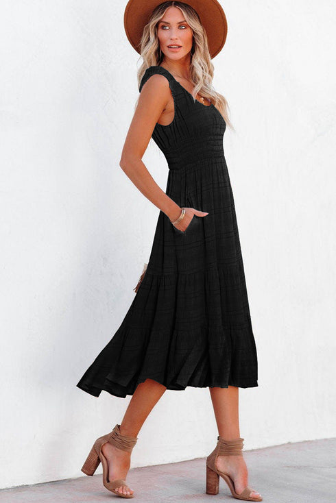 Black Shirred Pleated Square Neck Sleeveless Midi Dress