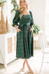 Green Tartan Plaid Square Neck Puff Sleeve Knot Waist Flared Midi Dress