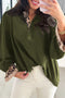 Blackish Green Contrast Leopard Print Patchwork Polo Collar Buttons Front Ruffled Long Sleeve Blouse