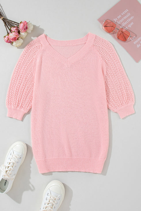 Apricot Pink Solid Color Knit Contrast Hollowed Short Sleeve V Neck Sweater