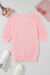 Apricot Pink Solid Color Knit Contrast Hollowed Short Sleeve V Neck Sweater