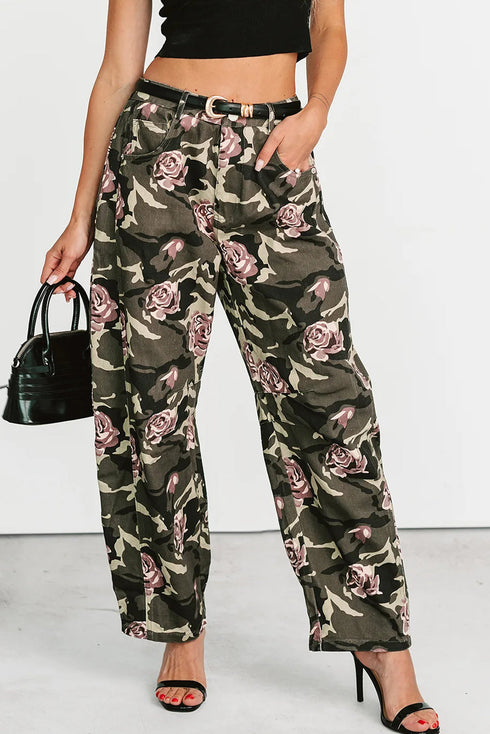 Green Camouglage Floral Print Boyfriend Casual Pants