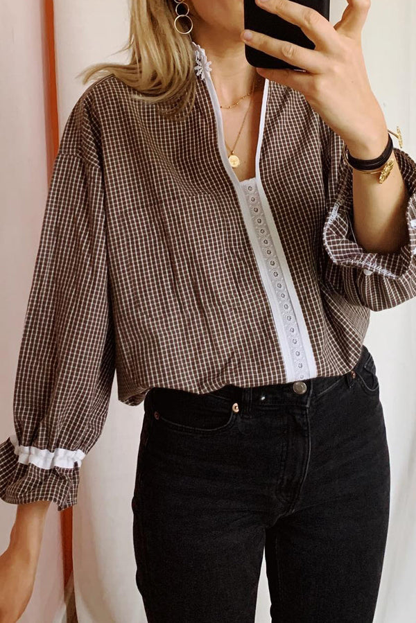 Brown Contrast Lace Collar Ruffled Sleeve Plaid Blouse