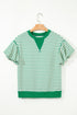 Bright Green Contrast Detail Striped Ruffle Short Sleeve Top