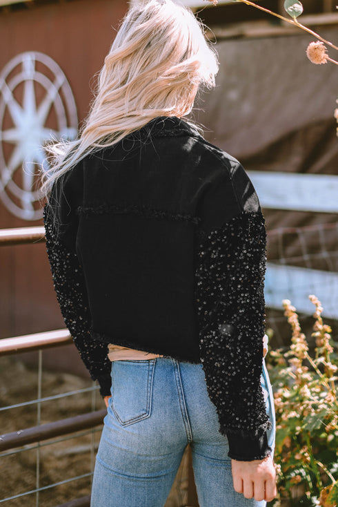 black-sequin-sleeve-pocketed-raw-hem-denim-jacket