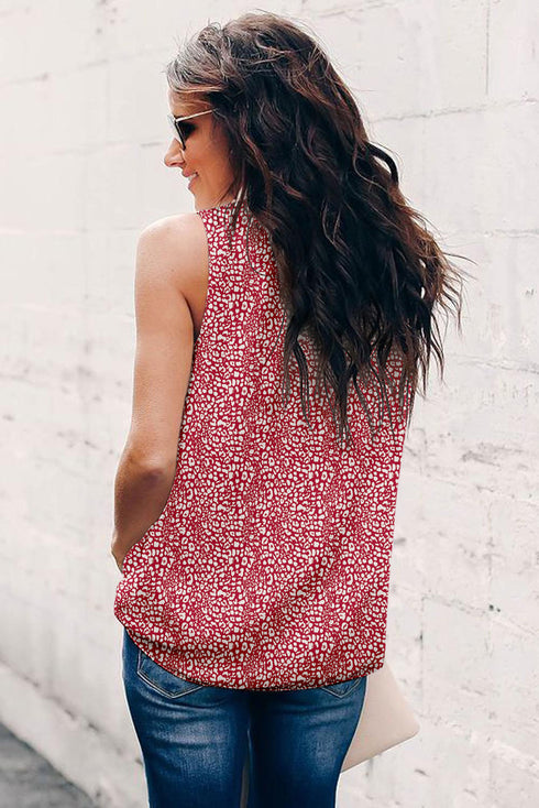 Fiery Red Leopard Print Ruffled Neck Tank Top