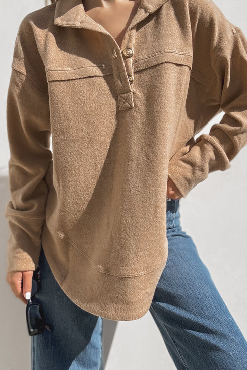 Light French Beige Polo Collar Half Button Long Sleeve Top