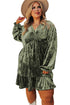 Jungle Green Plus Size Velvet Babydoll Mini Dress with Puff Sleeve
