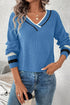 Blue Contrast Striped Trim V Neck Drop Shoulder Sweater