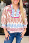 Pink Abstract Floral Pattern 3/4 Puff Sleeve Buttoned Front Collared Blouse