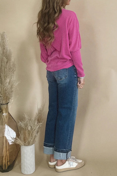 Rose Red Twisted Ribbed Dolman Long Sleeve Top