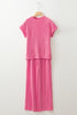Bright Pink Solid Corded Knit Short Sleeve T Shirt and Wide Leg Pants Set