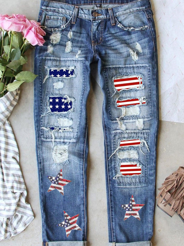 Women's Patriotic Distressed Star and Stripe Sequin Jeans made for easy styling and wardrobe coordination, with premium-like structure and finish.